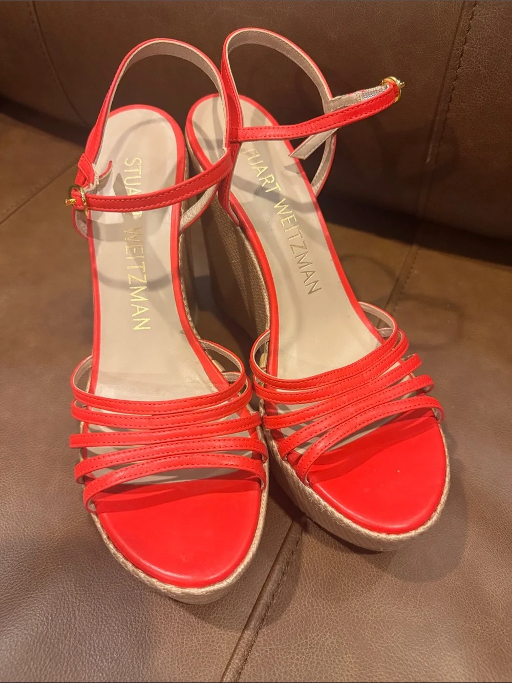 Stuart Weitzman Soirée Red Strappy Wedge Platform Sandals 9.5
